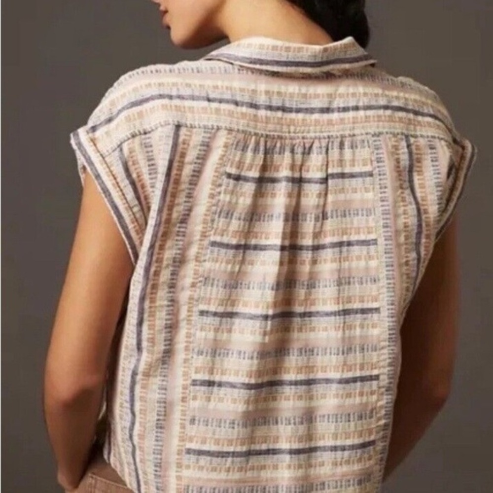 By Anthropologie Cropped Utility Pullover Top Striped Tan Purple Pink Size small - Picture 2 of 10
